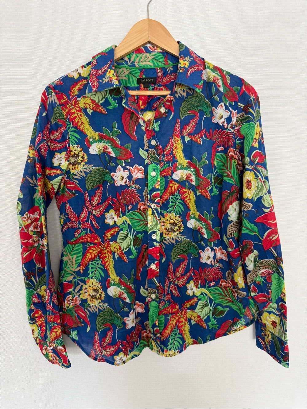 Talbots Blue Tropical Botanical Floral Long Sleeve Button Down Shirt S